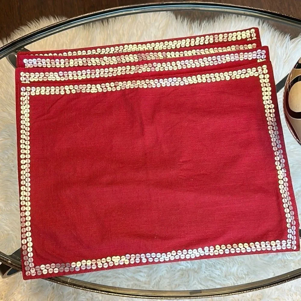 Pier 1 Red Sequined Trim Cloth Placemats 4
